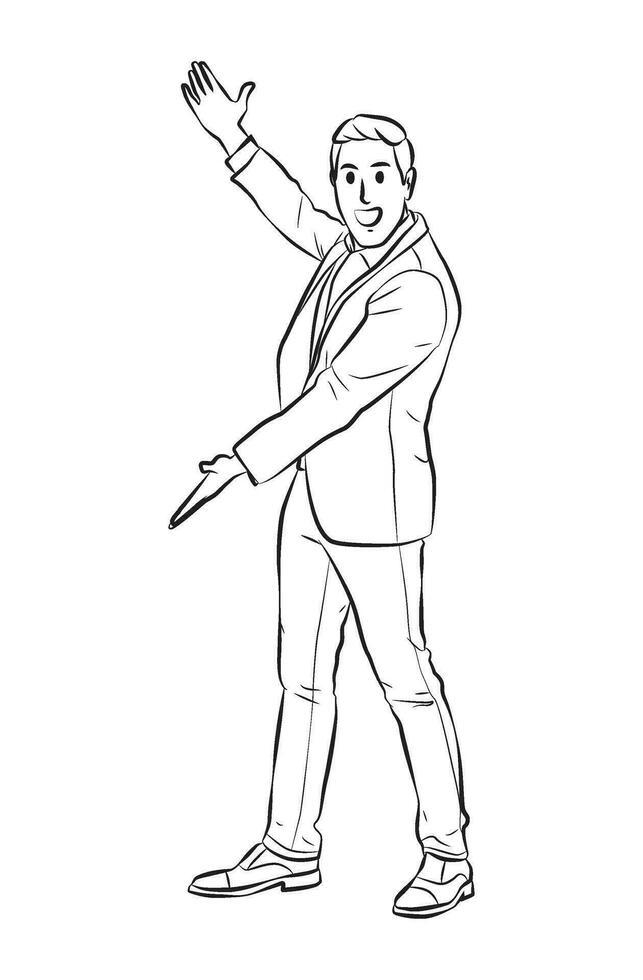 full length cheerful man presenting pose cartoon illustration vector