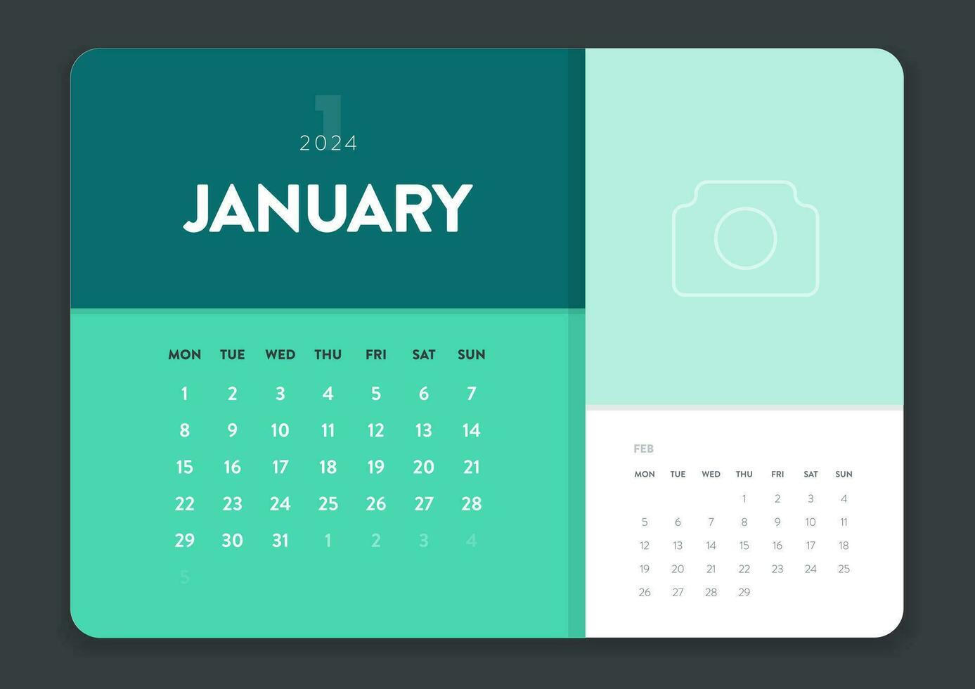 Creative minimal business monthly 2024 Calendar template vector. Desk, wall calendar for print, digital calendar or planner. Week start on Monday. Annual calendar layout design elements. January. vector