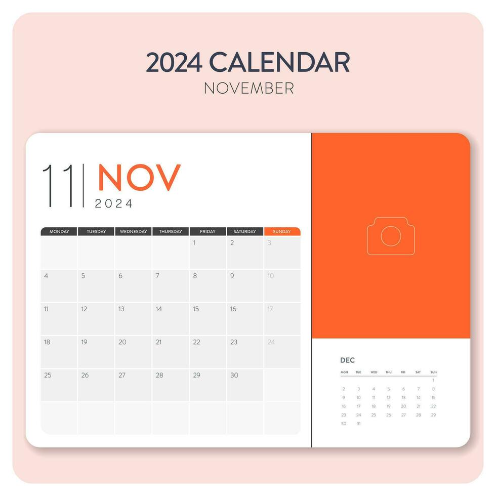 Creative minimal business monthly 2024 Calendar template vector. Desk, wall calendar for print, digital calendar or planner. Week start on Monday. Annual calendar layout design elements. November. vector