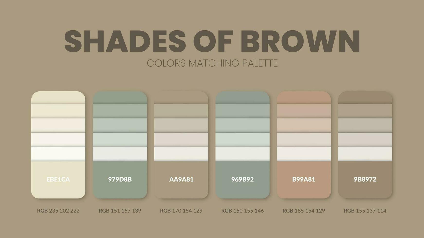 Color palette in Shades of brown colour theme collections. Color inspiration or colour chart with codes template. Color combination set of RGB. Colors swatch for graphic design, art, fashion, or web. vector