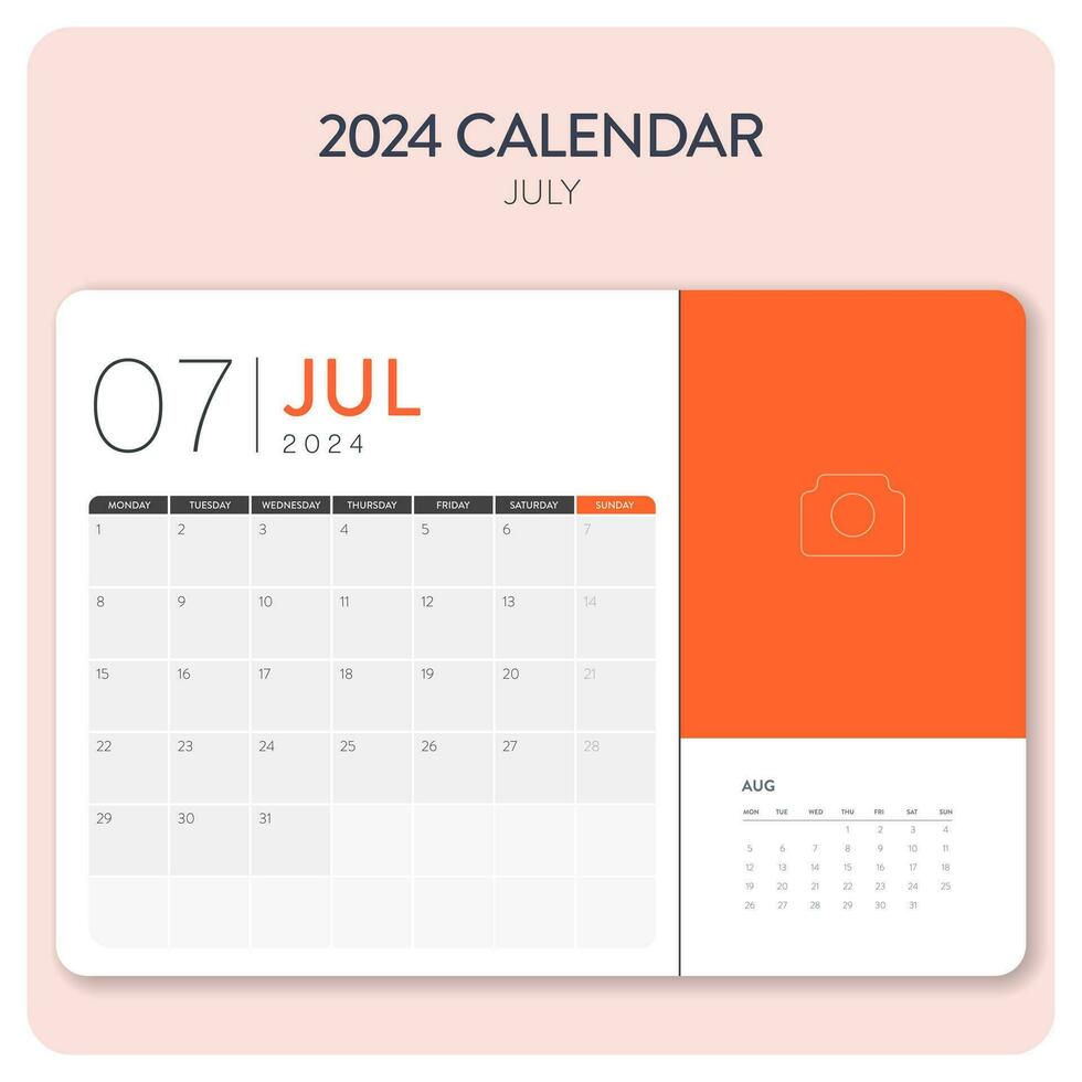 Creative minimal business monthly 2024 Calendar template vector. Desk, wall calendar for print, digital calendar or planner. Week start on Monday. Annual calendar layout design elements. July. vector