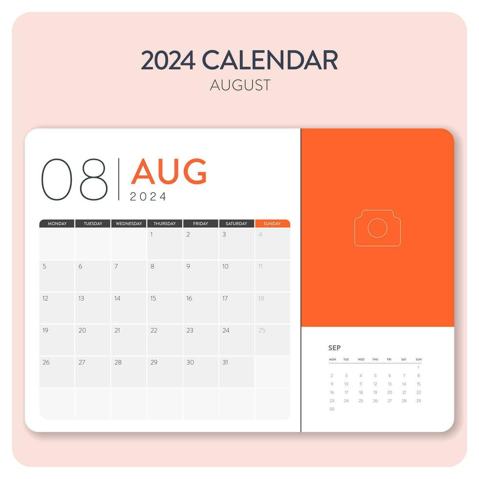 creativo mínimo negocio mensual 2024 calendario modelo vector. escritorio, pared calendario para imprimir, digital calendario o planificador. semana comienzo en lunes. anual calendario diseño diseño elementos. agosto. vector