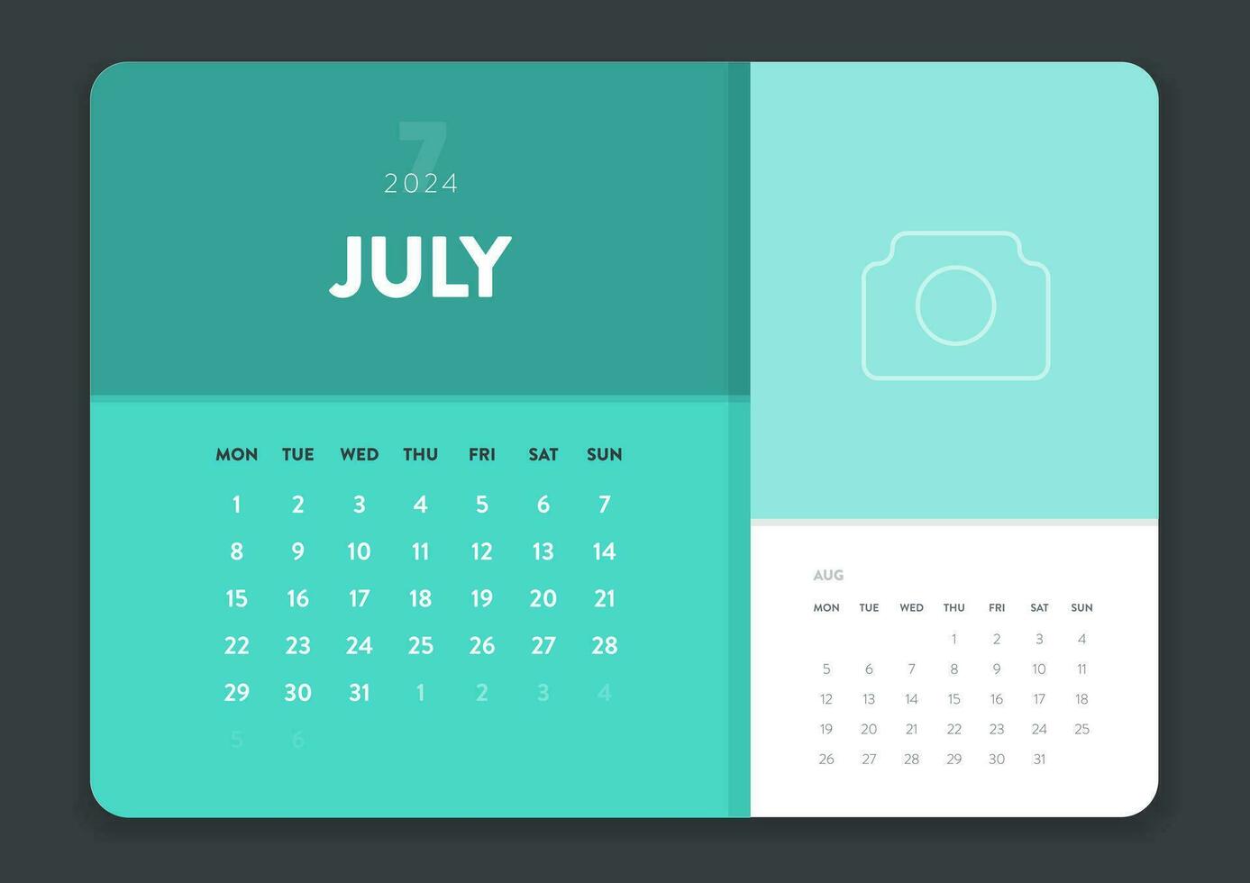 Creative minimal business monthly 2024 Calendar template vector. Desk, wall calendar for print, digital calendar or planner. Week start on Monday. Annual calendar layout design elements. 7 July. vector
