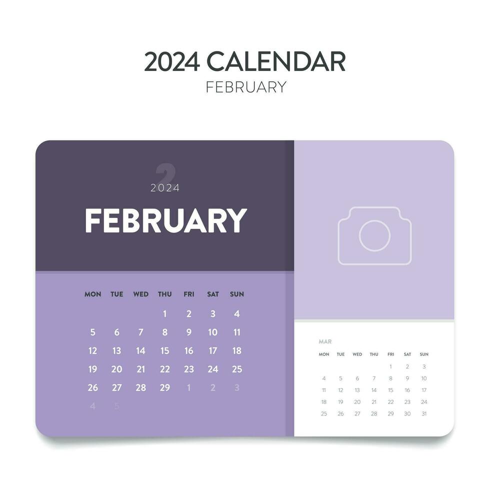 creativo mínimo negocio mensual 2024 calendario modelo vector. escritorio, pared calendario para imprimir, digital calendario o planificador. semana comienzo en lunes. anual calendario diseño diseño elementos. febrero. vector