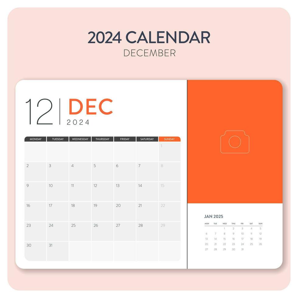 Creative minimal business monthly 2024 Calendar template vector. Desk, wall calendar for print, digital calendar or planner. Week start on Monday. Annual calendar layout design elements. December. vector
