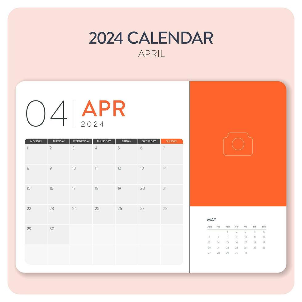 Creative minimal business monthly 2024 Calendar template vector. Desk, wall calendar for print, digital calendar or planner. Week start on Monday. Annual calendar layout design elements. April. vector