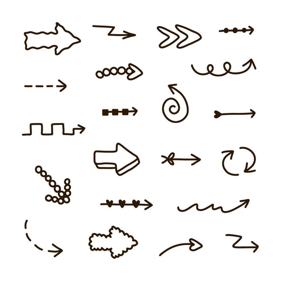 Cute hand drawn arrows set in doodle scribble style. Comic collection of freehand arrows, curved lines, swirls. Business arrow mark icons for web, banner, design isolated on white background. vector