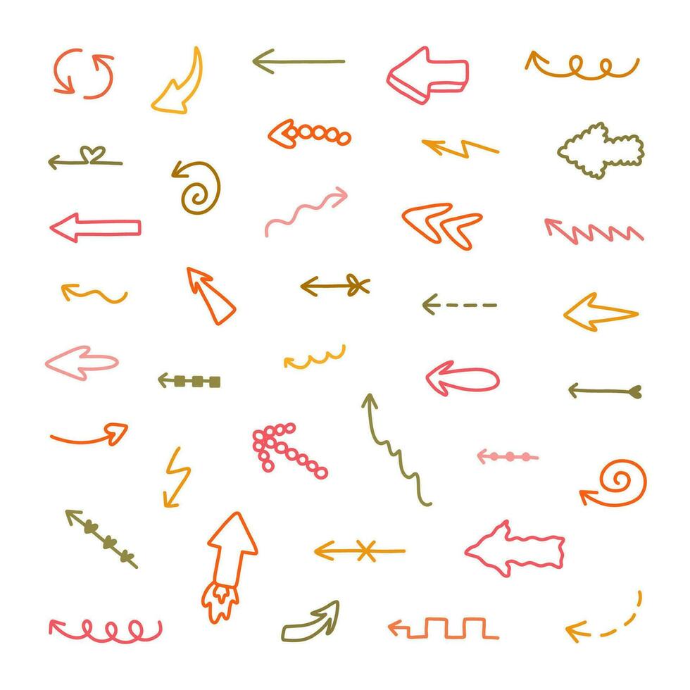 Cute arrows set in comic doodle style. Cartoon collection of arrows with hand drawn outline, curved lines, swirls in different directions. Business arrow mark icons isolated on white background vector