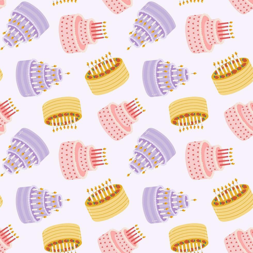 Seamless pattern with birthday cake with candles in cute doodle style. Childish design with holiday clipart for wrapping paper, print, fabric, scrapbook. Bright festive background for kids. vector