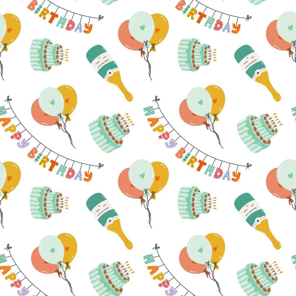 Seamless pattern with birthday garland, cake, balloon, champagne in cute doodle style. Childish design with holiday clipart for wrapping paper, print, fabric, scrapbook. Bright festive background. vector
