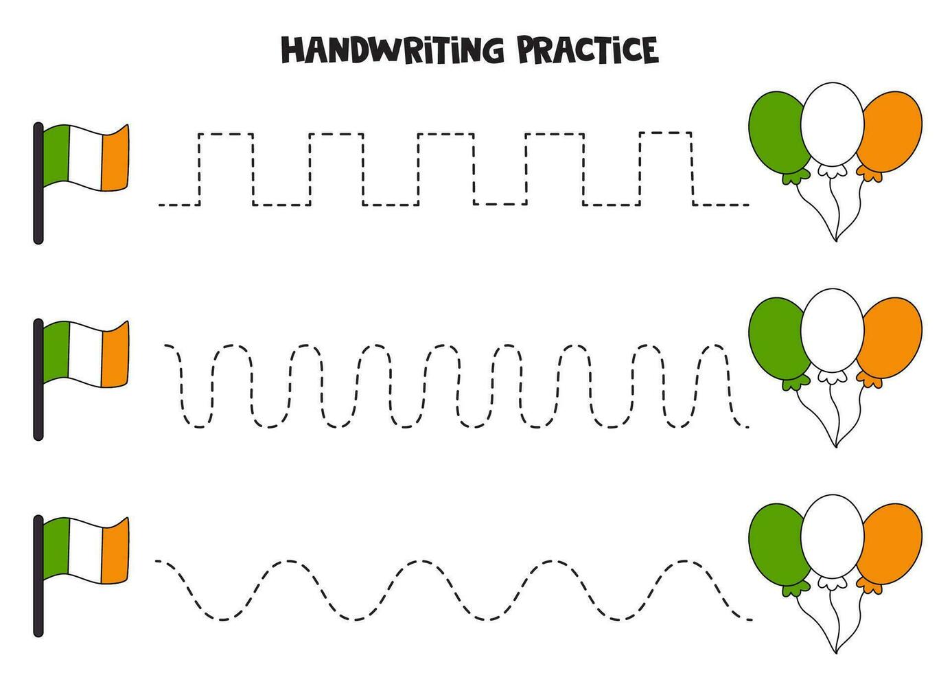 Tracing lines for kids. Ireland flag and irish balloons. Handwriting practice. vector