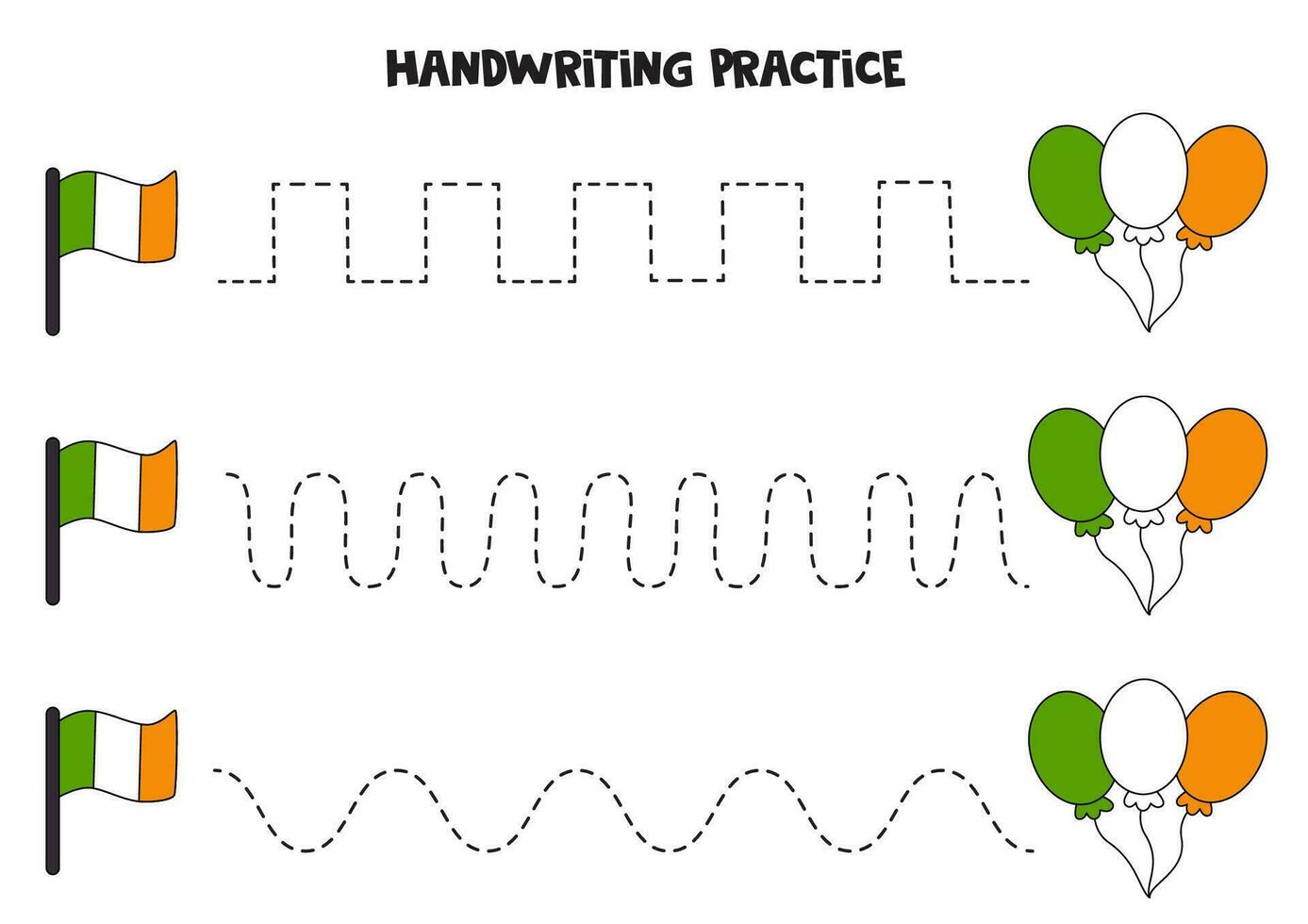 rastreo líneas para niños. Irlanda bandera y irlandesa globos escritura práctica. vector