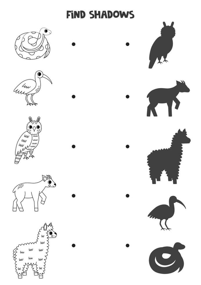 Find the correct shadows of black and white South American animals. Logical puzzle for kids. vector