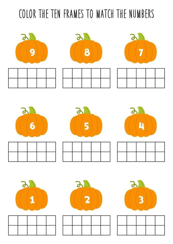 Color ten frames according to the numbers. Math worksheet for kids. vector