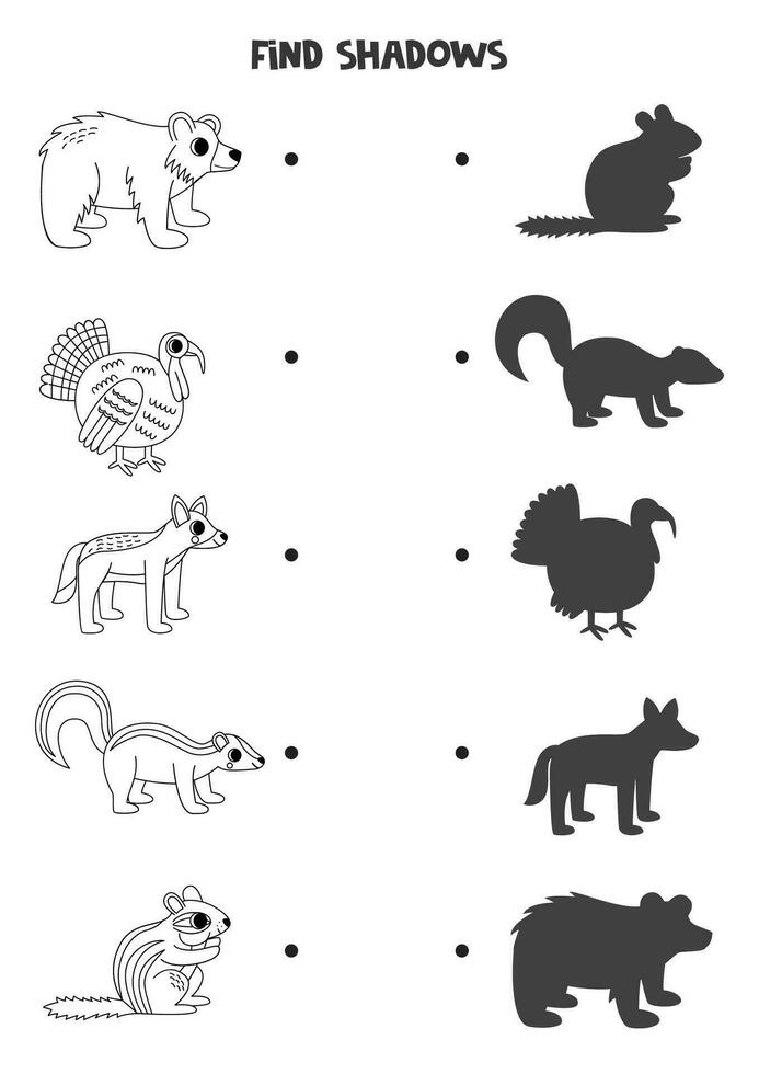 Find the correct shadows of black and white North American animals. Logical puzzle for kids. vector