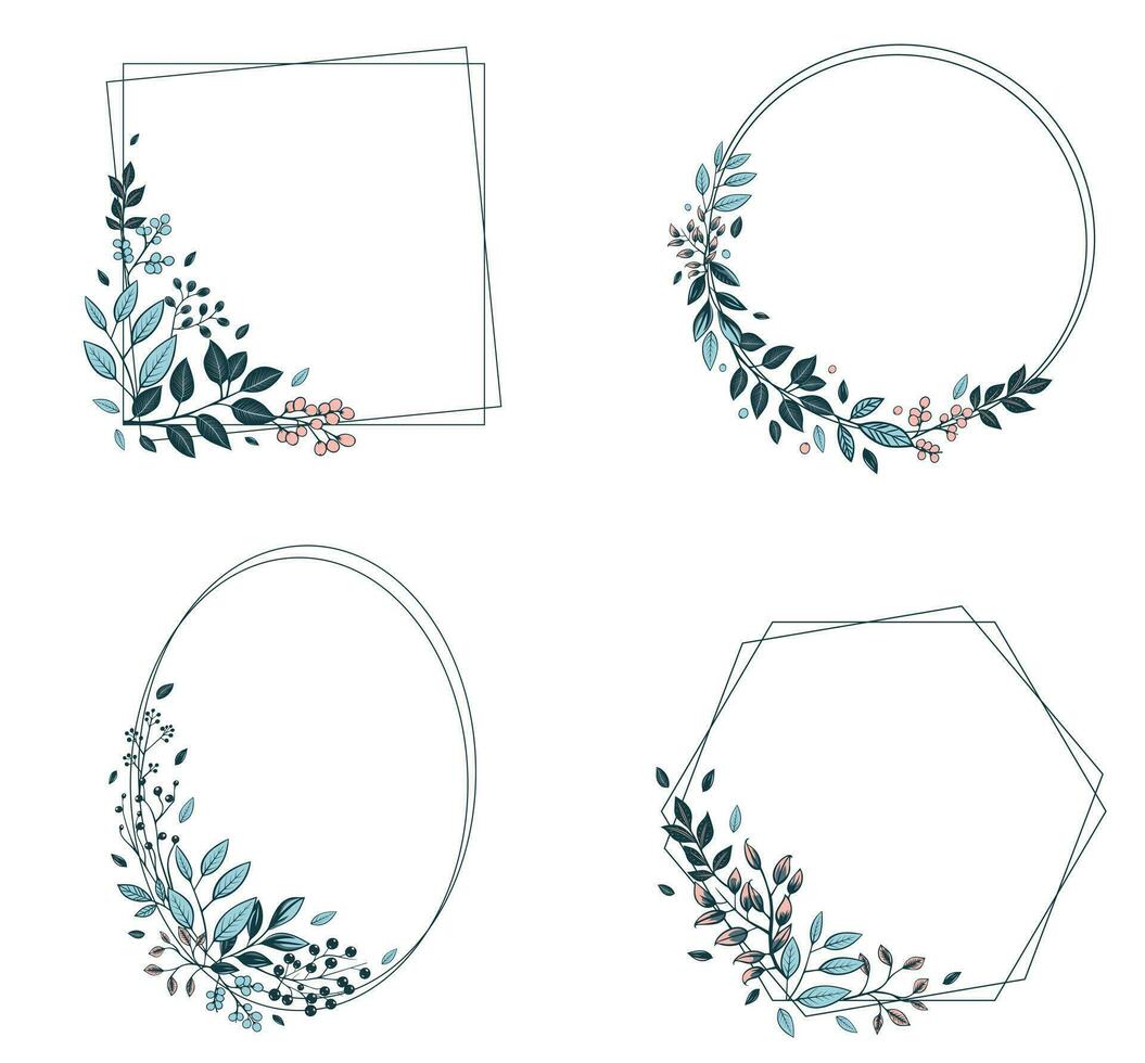Set of monochrome botanical frames with leaves and berries. Vector floral border wreath for invitations, posters and wedding.