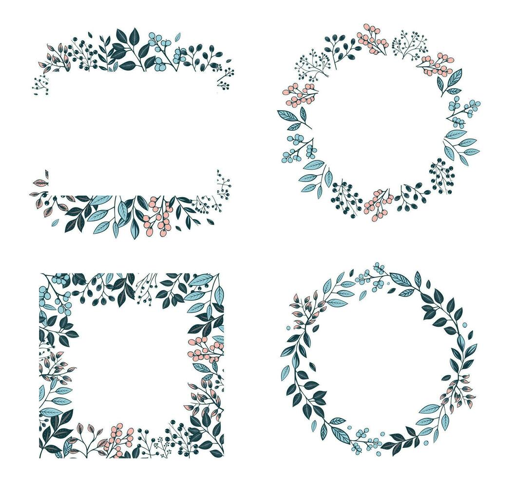 Set of botanical frames with leaves and berries for invitations, posters and wedding. Vector floral border wreath