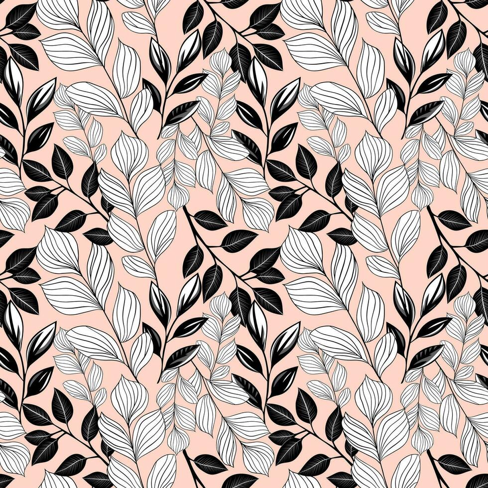 Monochrome botanical pattern. Seamless background with leaves. Hand drawn outline floral wallpaper vector