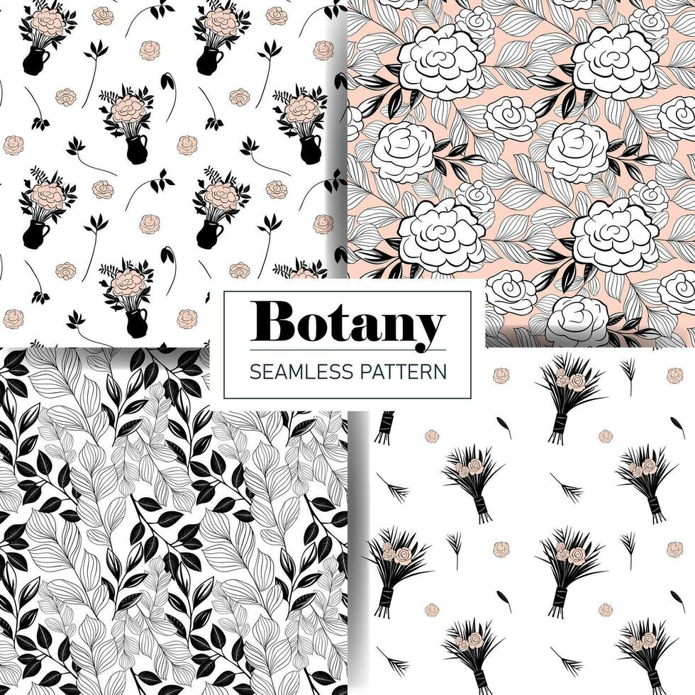 Set of monochrome botanical pattern. Seamless background with roses. Hand drawn outline floral wallpaper vector