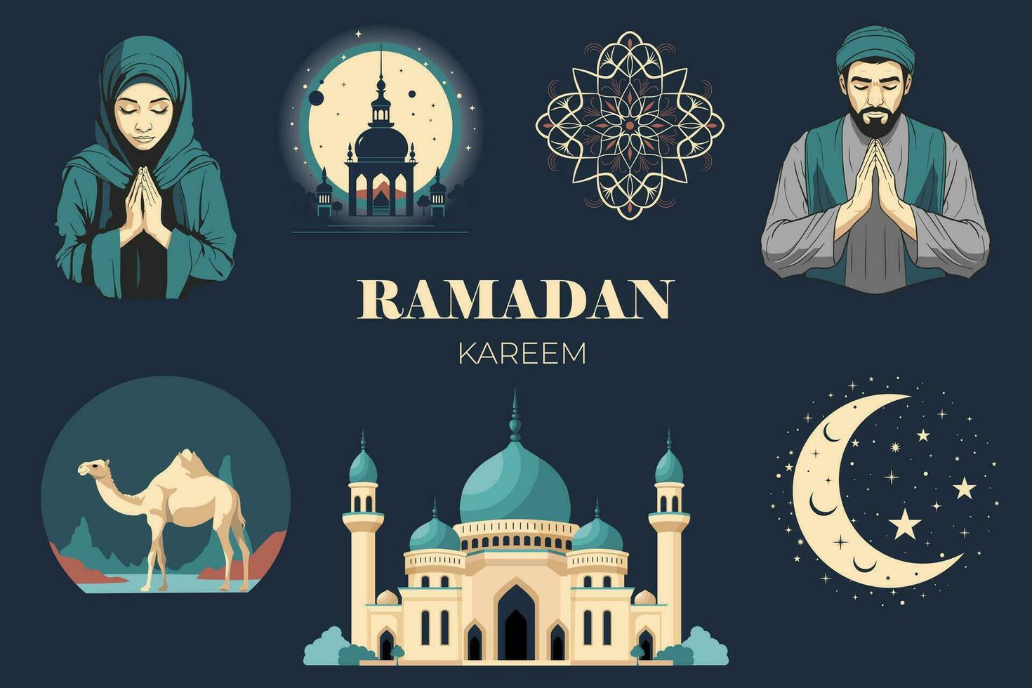 Set of ramadan elements. Vector islamic ramadan design. Arabic elements for Greetings. Prayer, mosque, camel