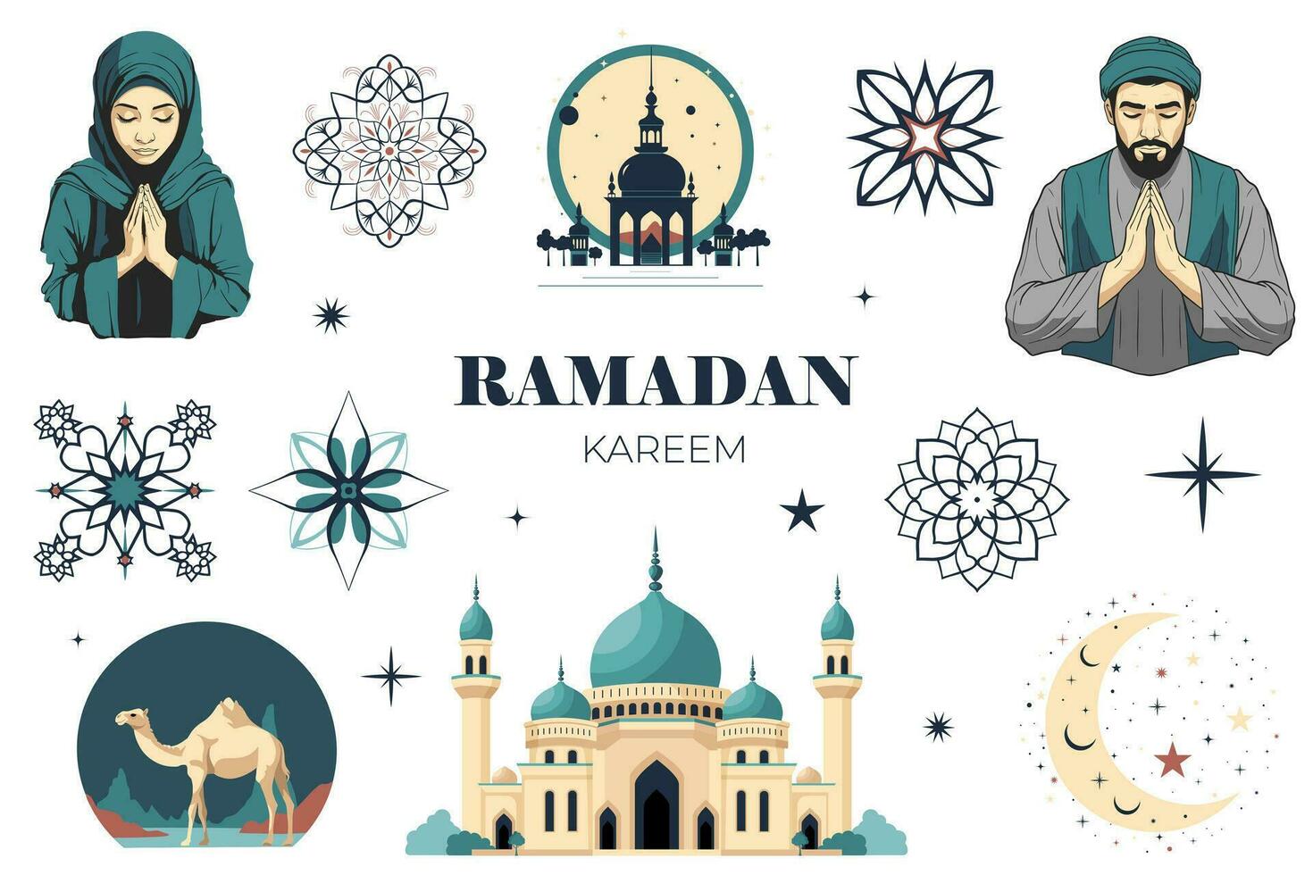 Vector islamic ramadan design. Set of ramadan elements.  Arabic elements for Greetings. Prayer, mosque, camel
