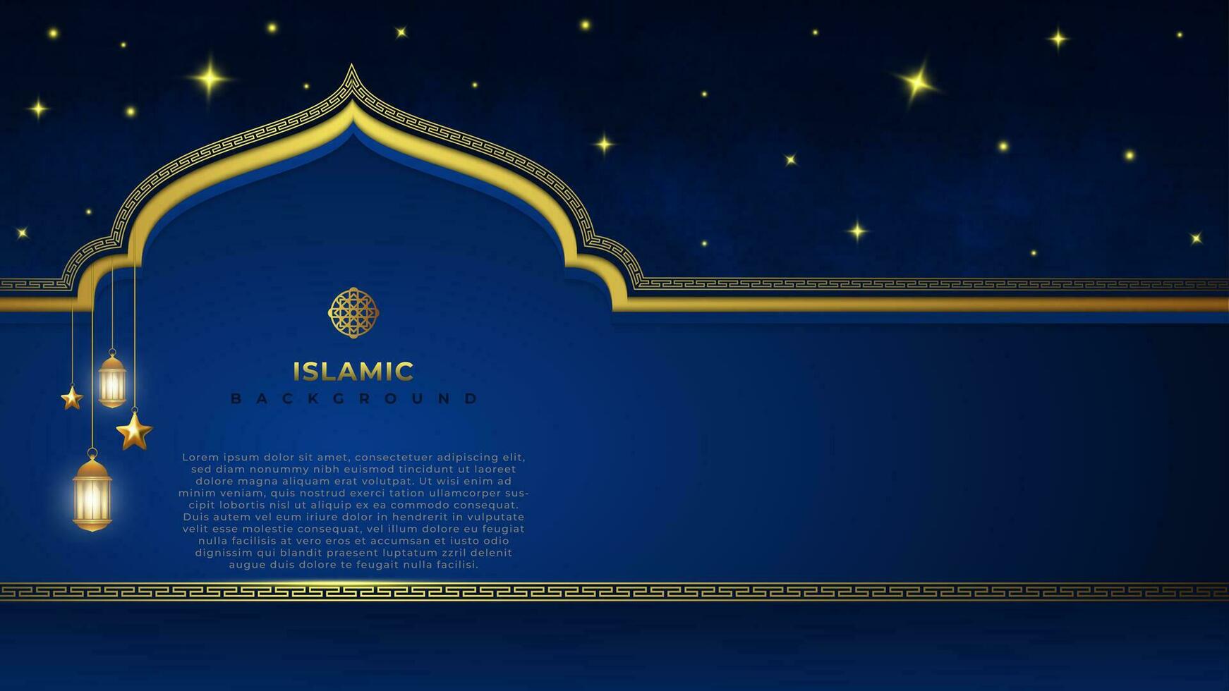 Dark blue islamic background with gold line ornament of lights and stars vector