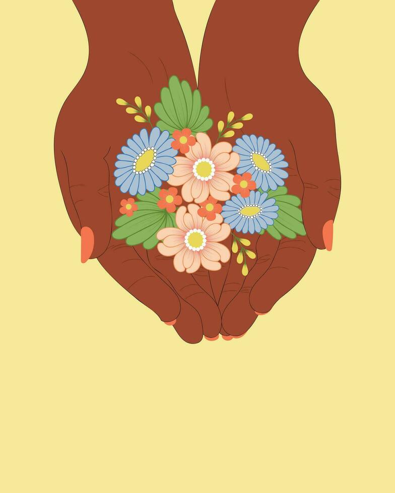 Hands holding blooming flowers. vector