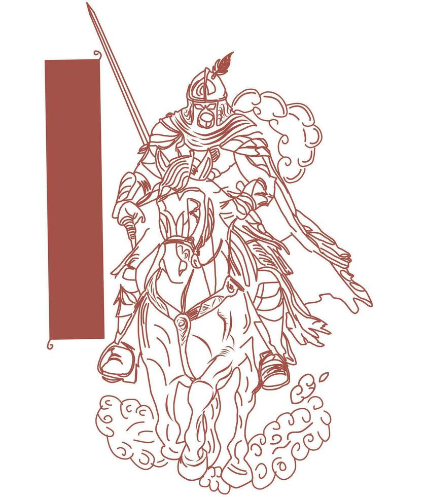 An ancient troop on horseback wearing armor and a battle helmet proudly drew his sword vector ilustration sketch line art