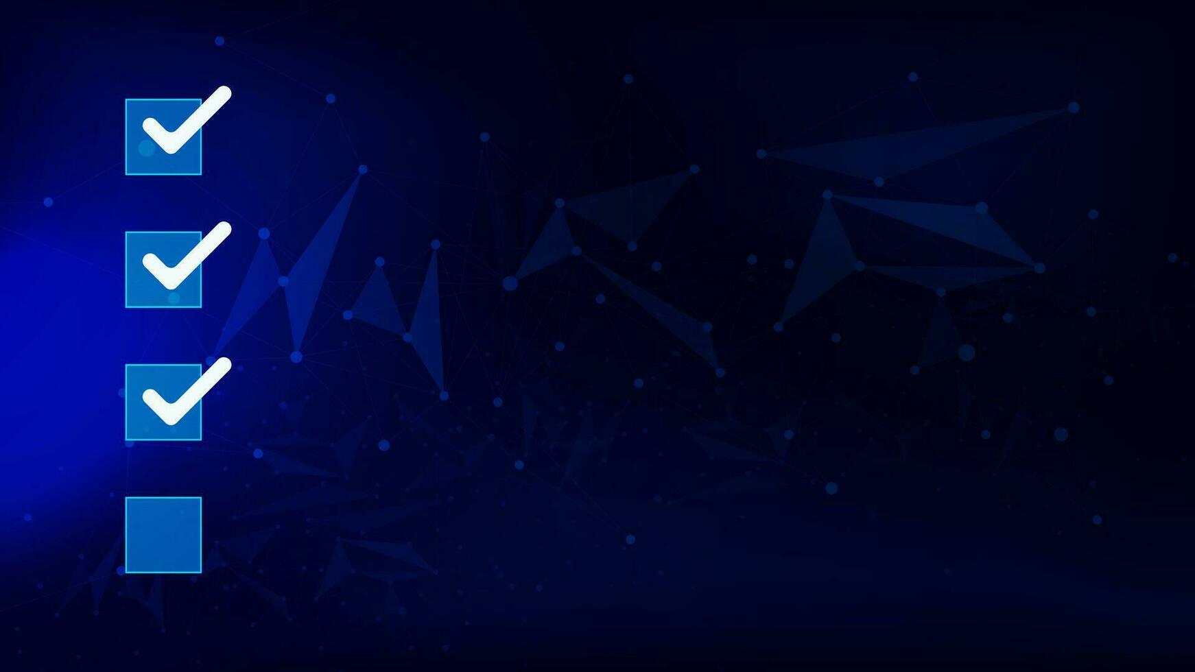Tick correct sign mark in checkbox with connecting dots and lines on dark blue background. Vector illustration.