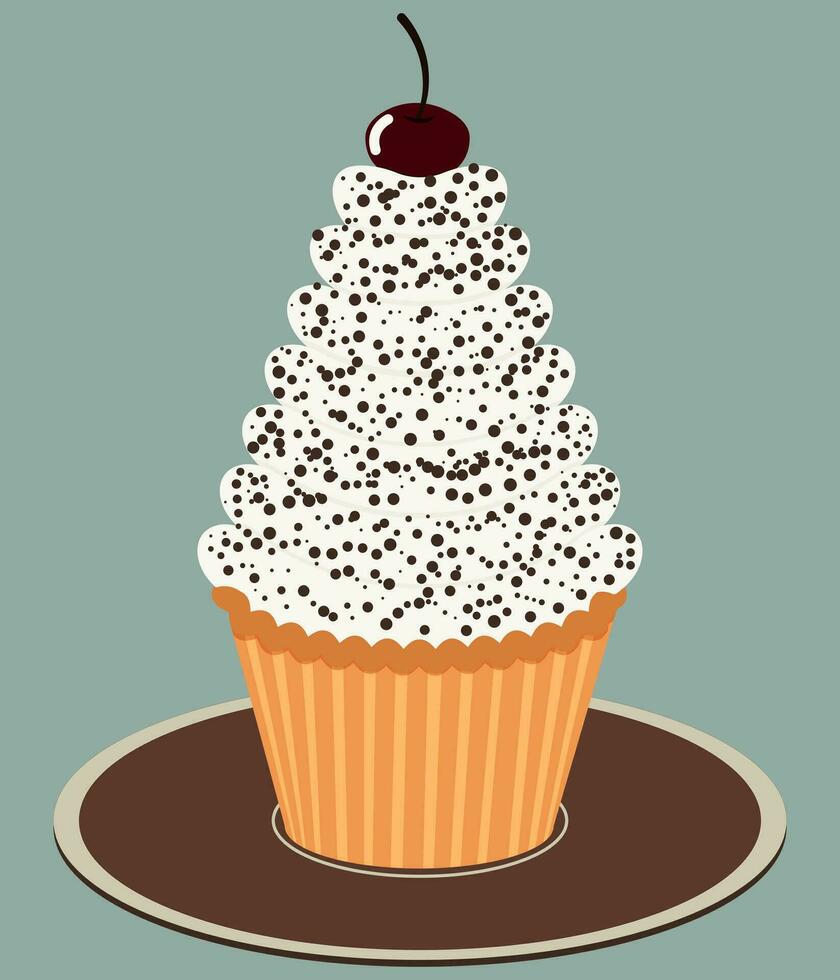 Cupcake in a basket with cream and cherry with chocolate sprinkle on a saucer vector