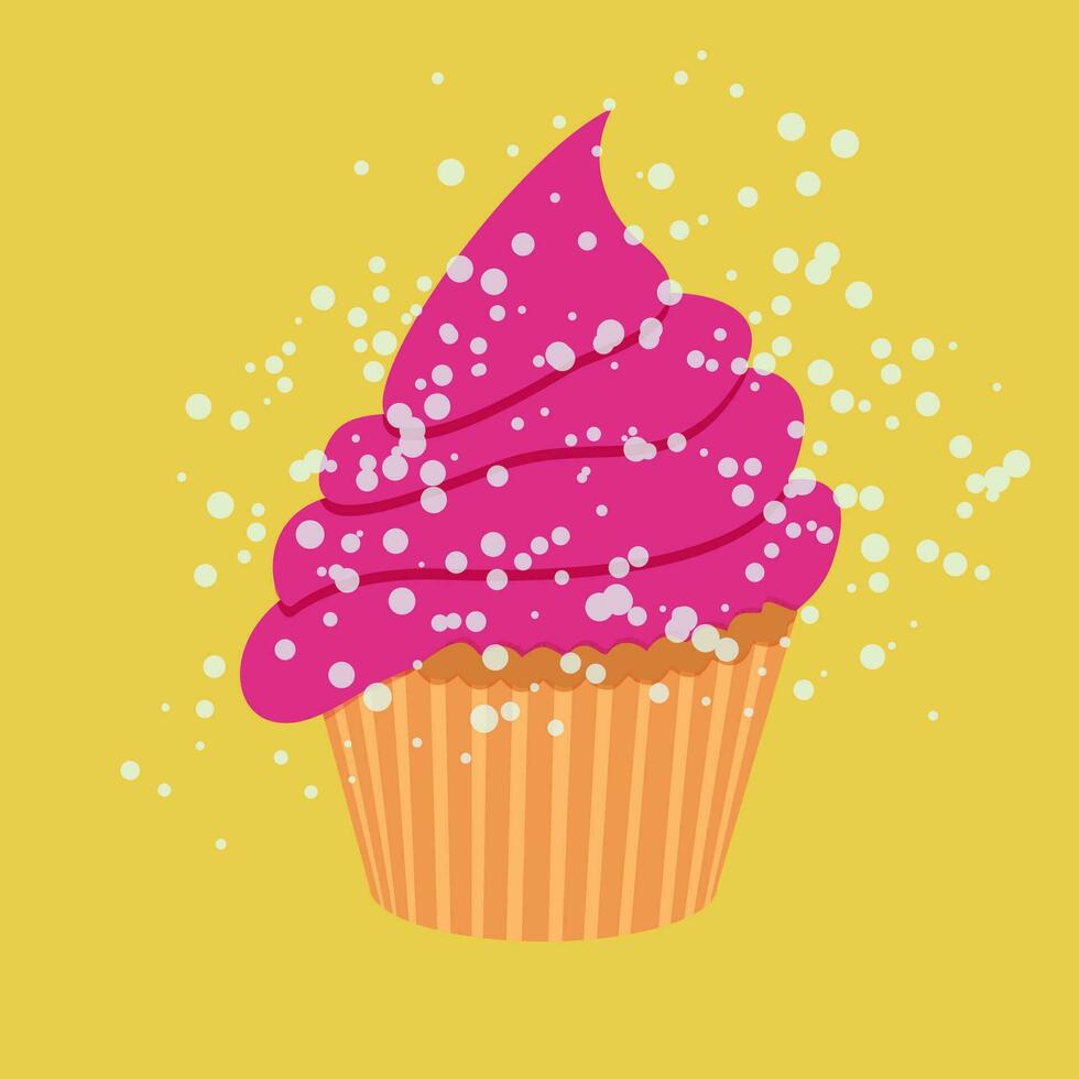 Cupcake in a basket with cream illustration on yellow background vector
