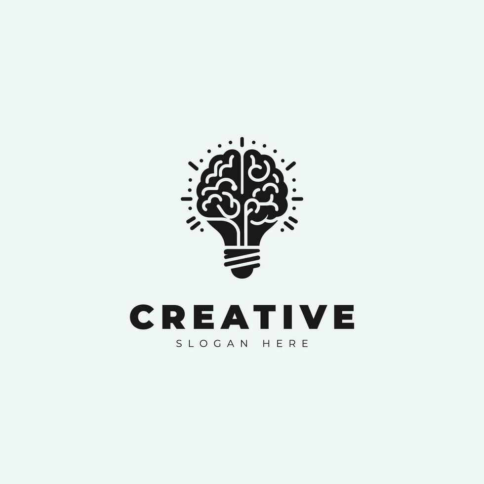 Creative emblem logo design, with a combination of a brain and a lamp, monochrome style vector