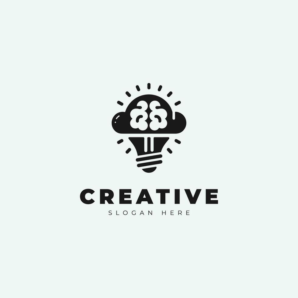 Creative emblem logo design, with a combination of a brain and a lamp, monochrome style vector