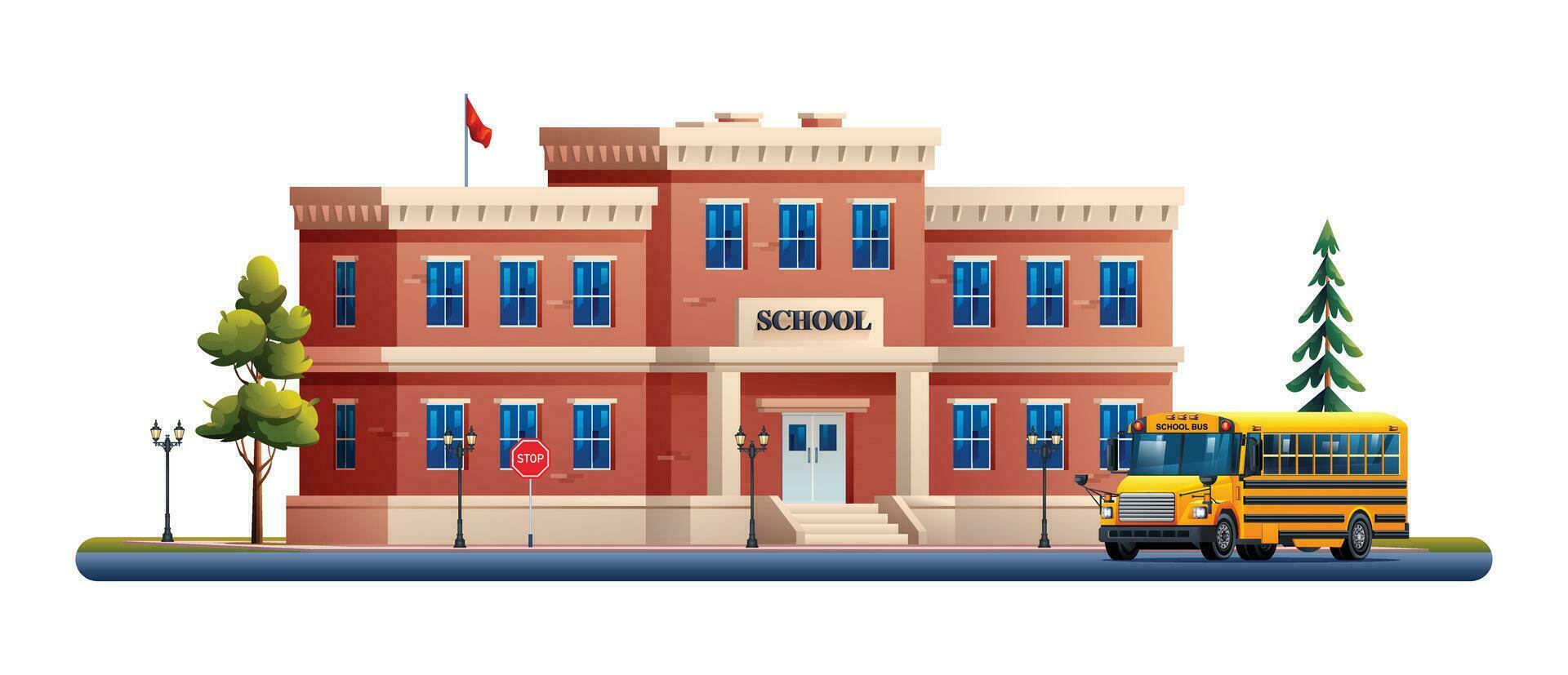 colegio edificio con colegio autobús vector dibujos animados ilustración aislado en blanco antecedentes