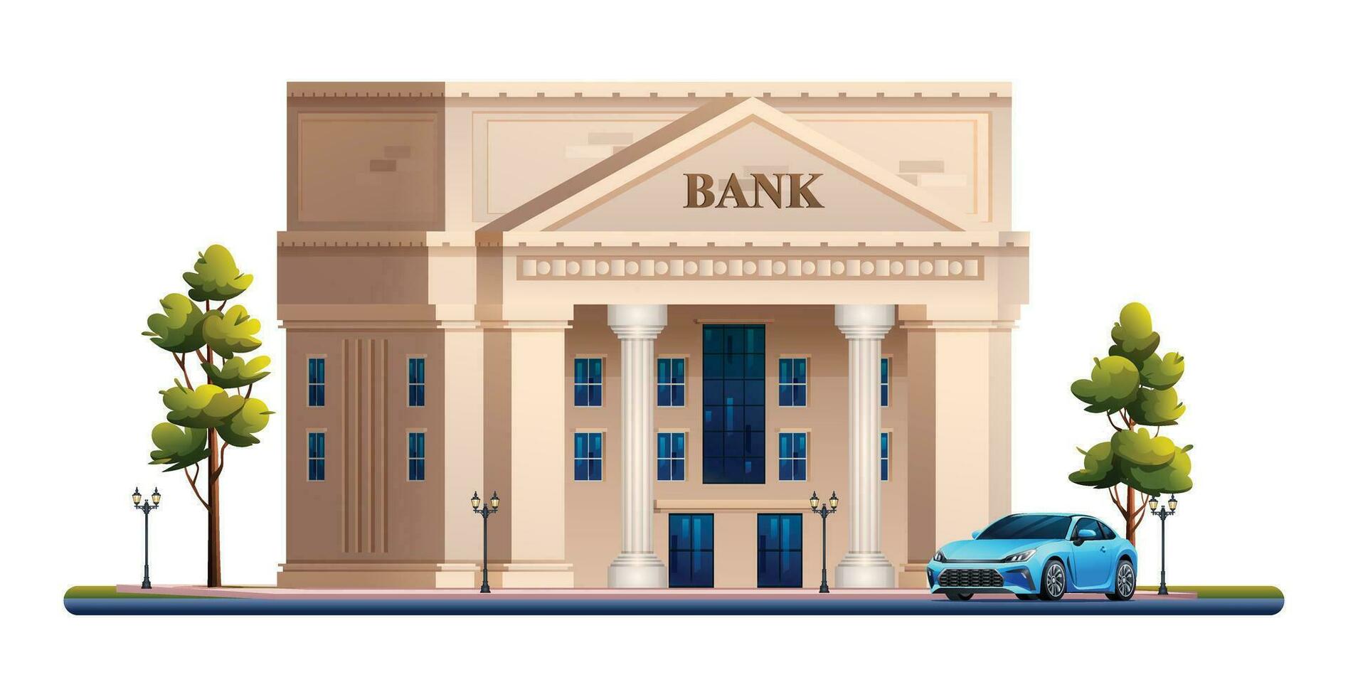 Bank building with car. Vector illustration isolated on white background