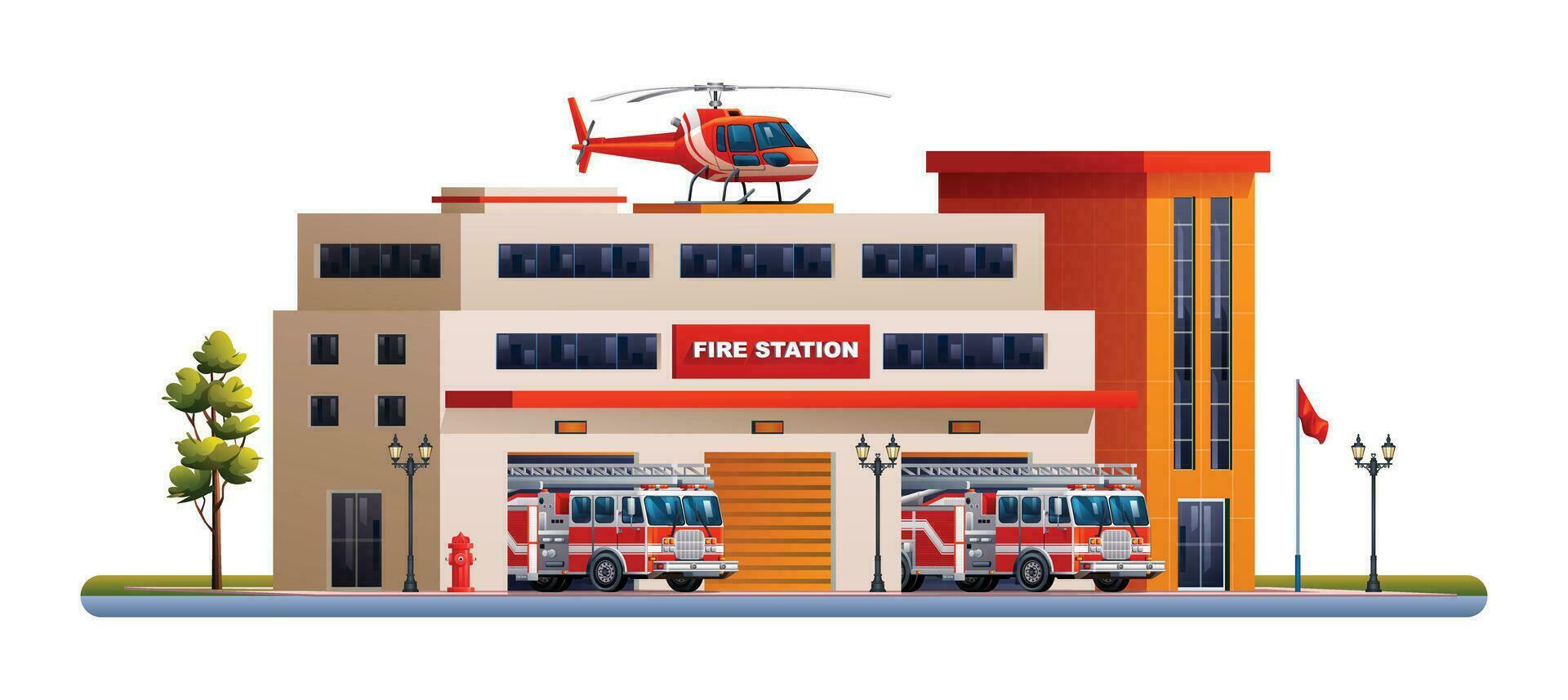 Fire station building with fire trucks and helicopter. Fire department office with fire vehicles vector cartoon illustration