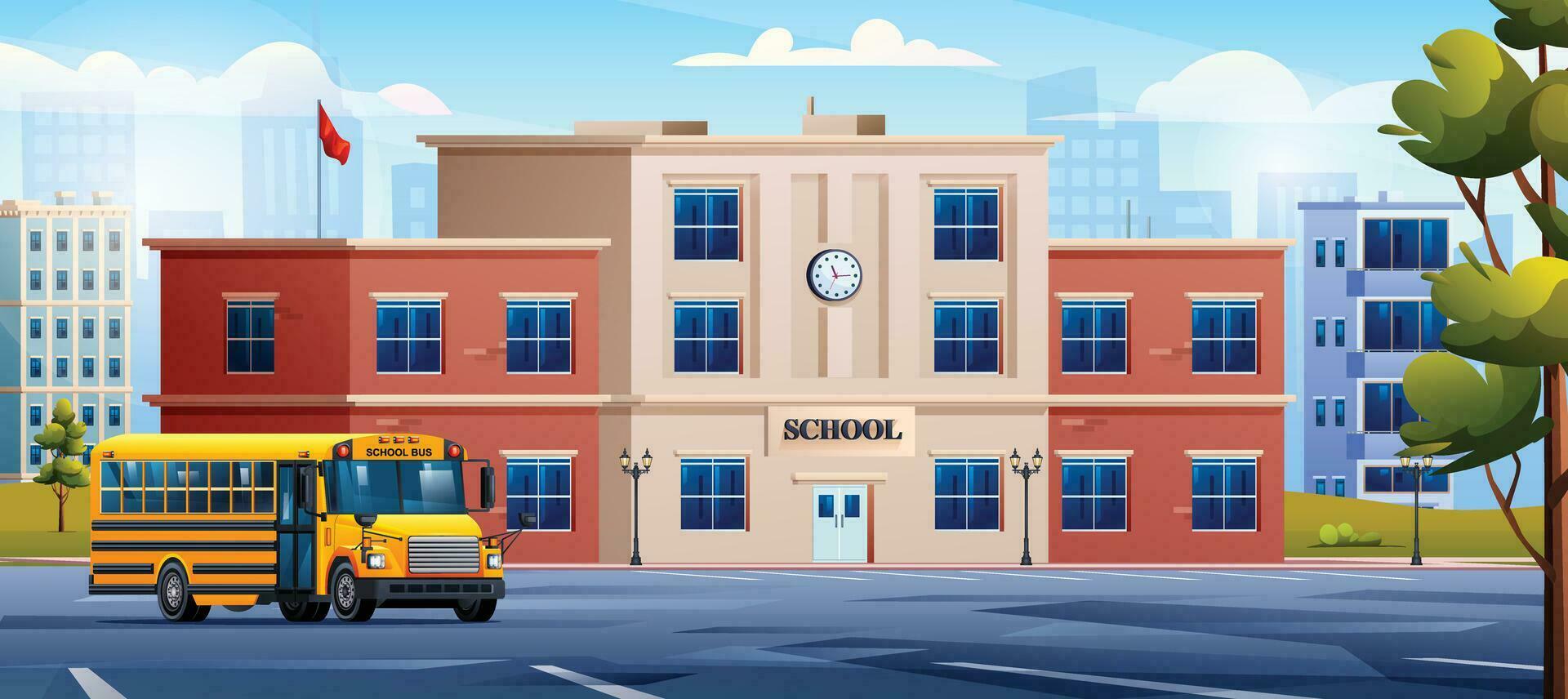 School building with yellow school bus on cityscape background. Vector cartoon illustration