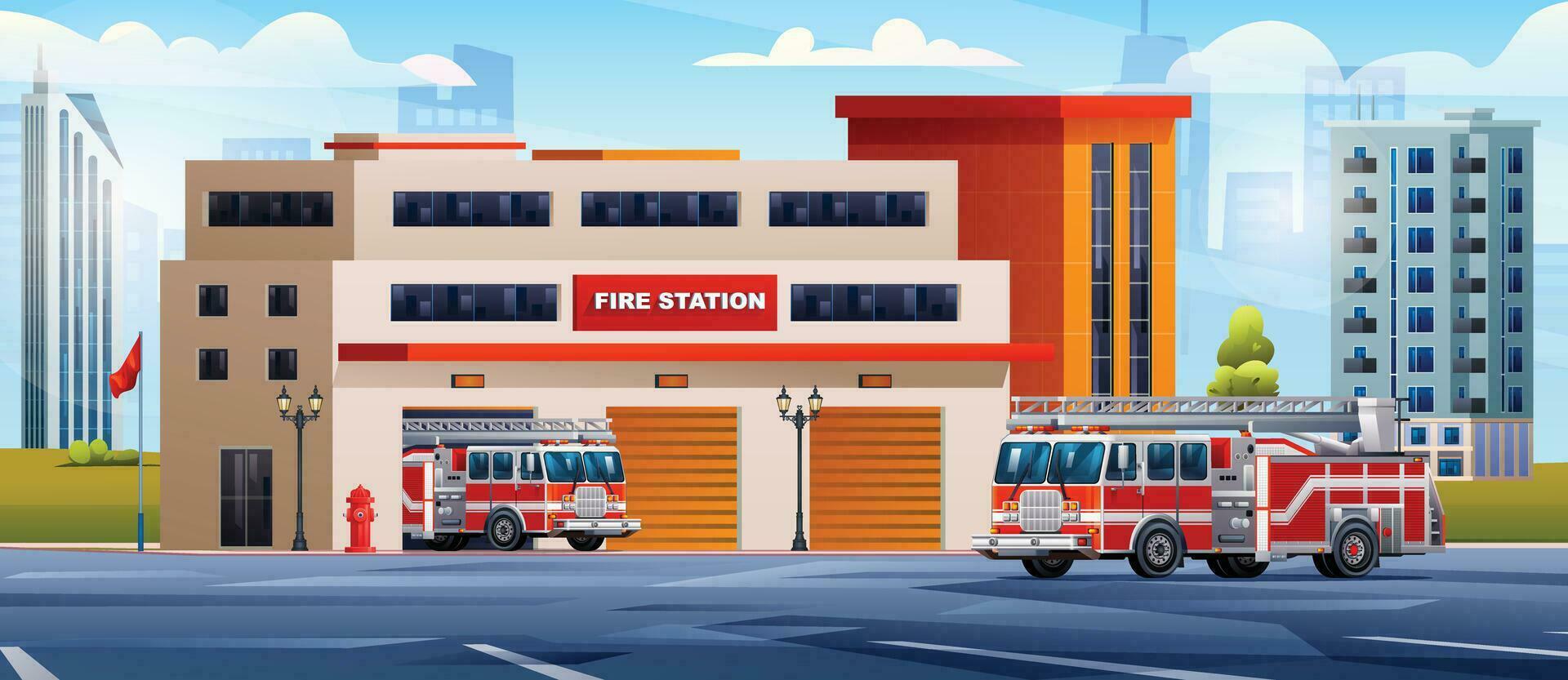 Fire station building with fire trucks on cityscape background. Fire department and city landscape vector cartoon illustration