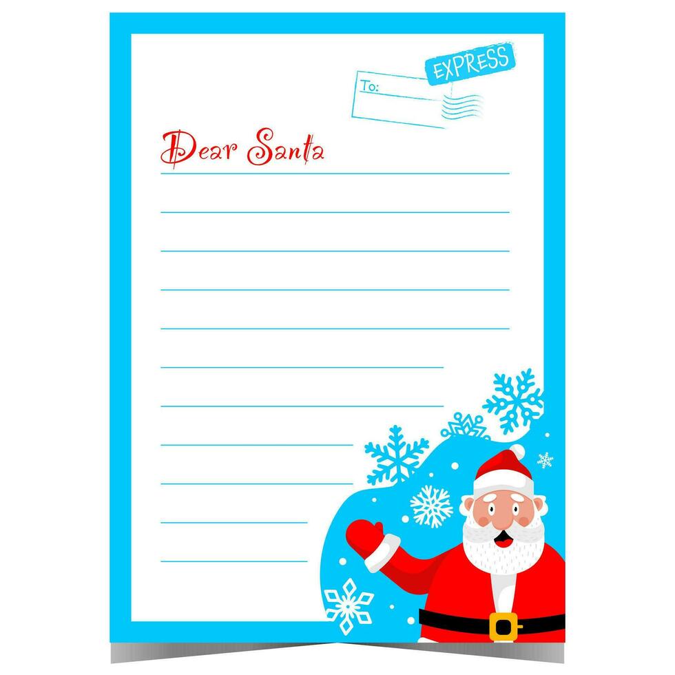 Christmas letter to Santa Claus with portrait of a friendly cartoon Santa character and lined empty space for writing greeting or congratulation message. Ready to print vector illustration.