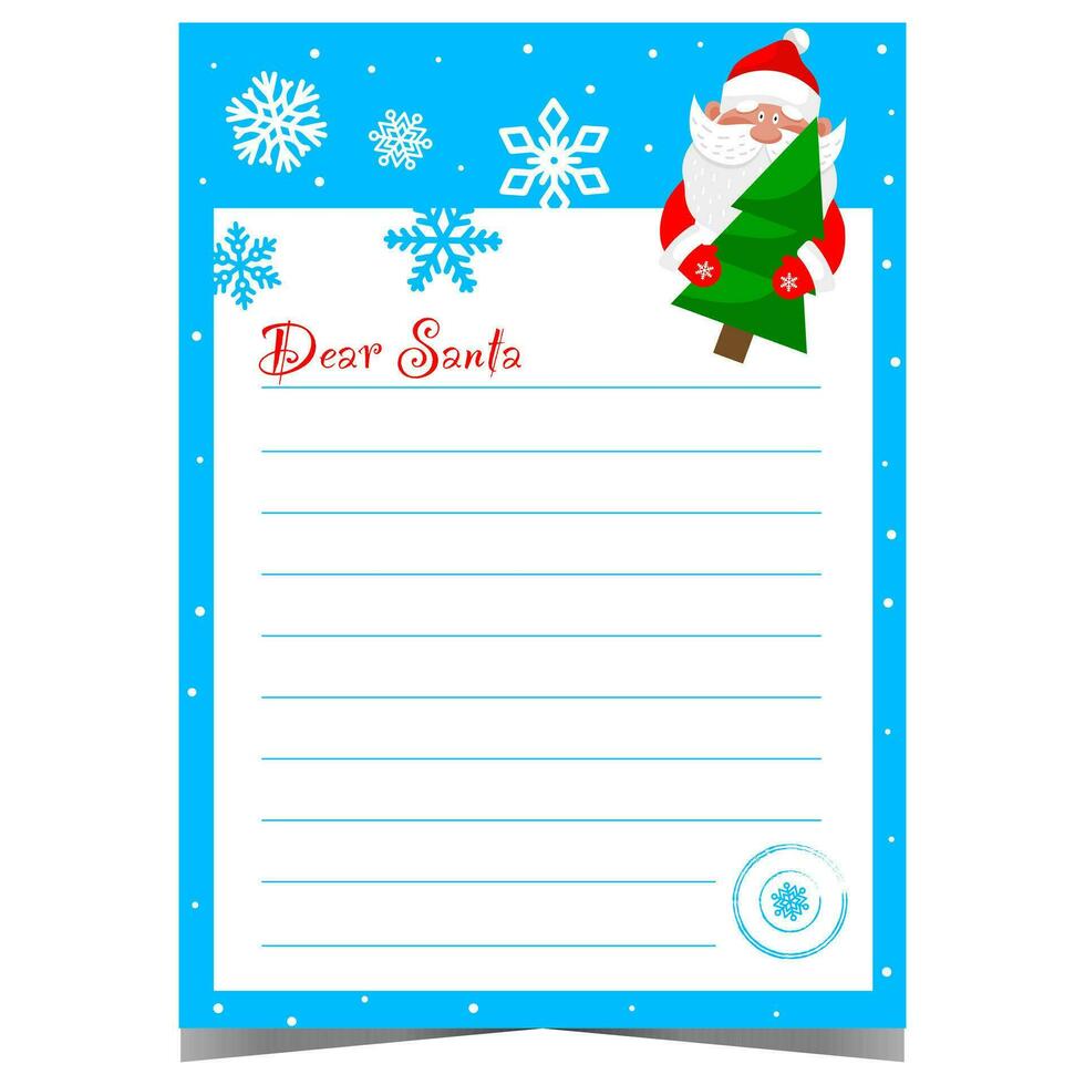Christmas letter with funny Santa character holding a Christmas tree, snowflakes in the background and empty lined space to write a message or wish list and send it to the North Pole during holidays. vector