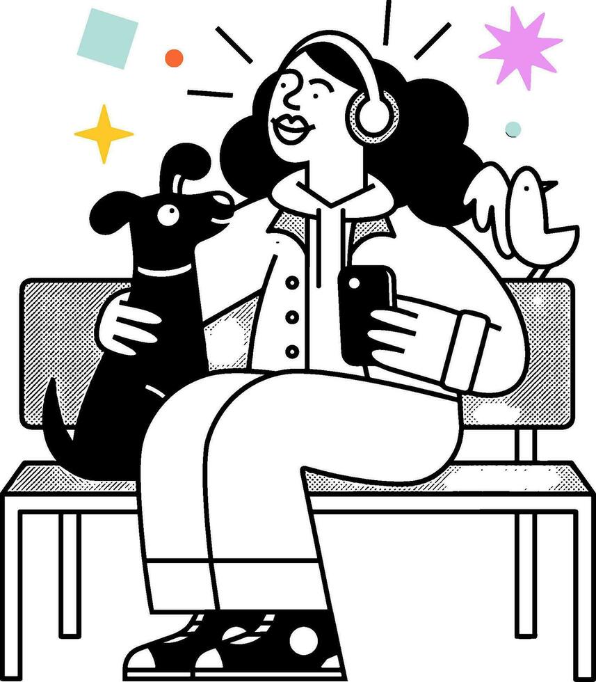 Girl sitting in a chair holding a smartphone, wearing headphones accompanied by dogs and birds, animal and influencer themes, monochrome style. vector