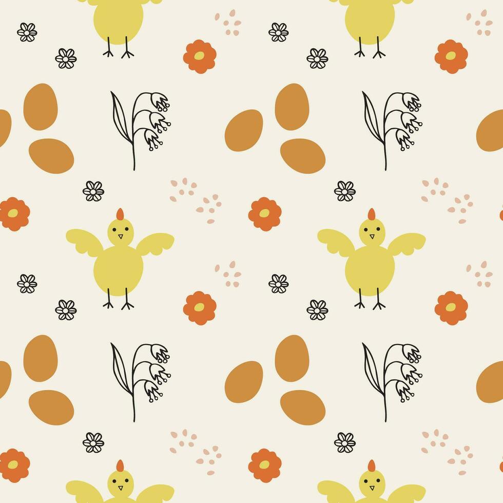 Easter seamless pattern cartoon style hand drawn vector illustration spring motif. Repeating background with chickens, Easter eggs on backdrop wild plants. For packing, paper, card, print, flyer