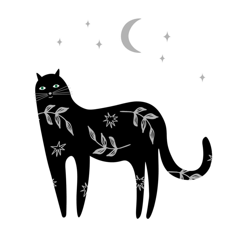 Black cat at night cartoon style hand drawn vector illustration. Cute magic animal with floral patterns, moon, stars. Design element for card, print, postcard, paper, flyer. Superstitions and symbol