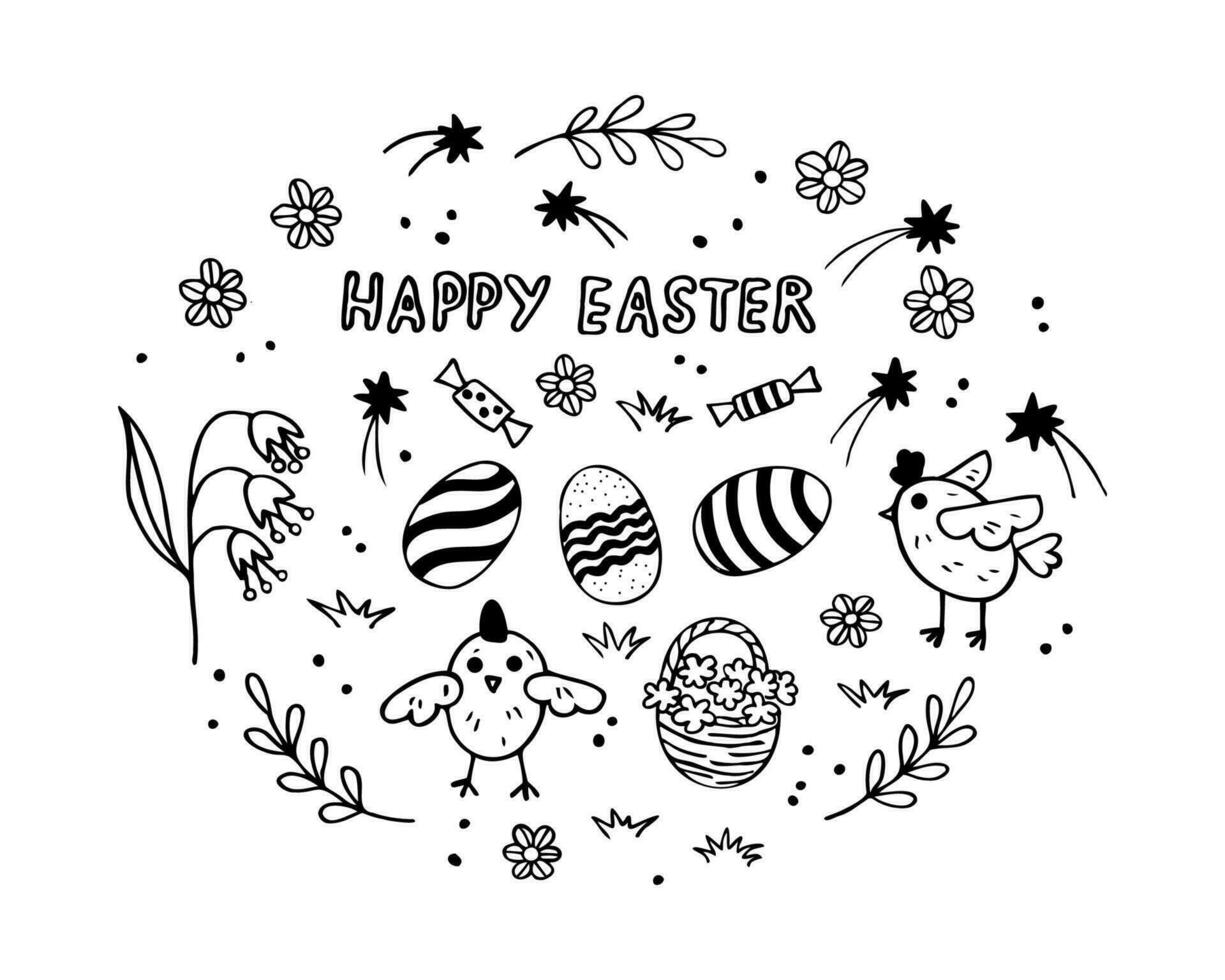 Happy Easter sketch doodle hand drawn vector illustration. Spring background card design with chickens, plants, stars,dyed eggs, festive motif. For congratulation, print, paper, poster, template, web