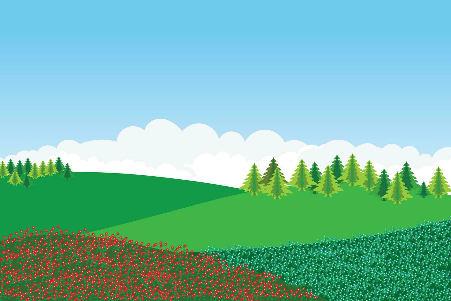 ilustración de verde montaña flor campo con pino arboles y degradado azul cielo antecedentes. vector