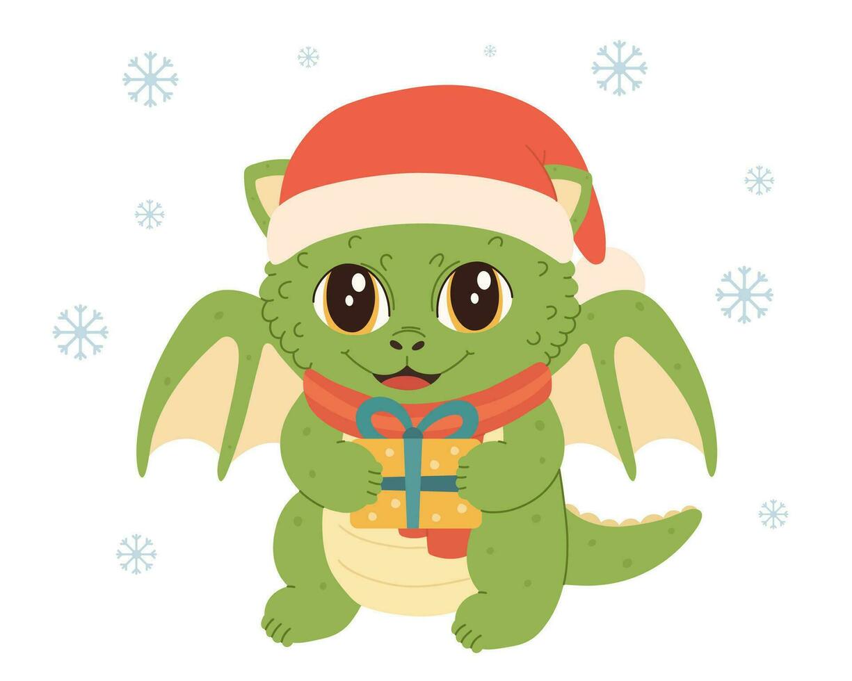 cute dragon character, baby dragon with gift, new year mascot, green dino in hat, chinese horoscope symbol, vector illustration
