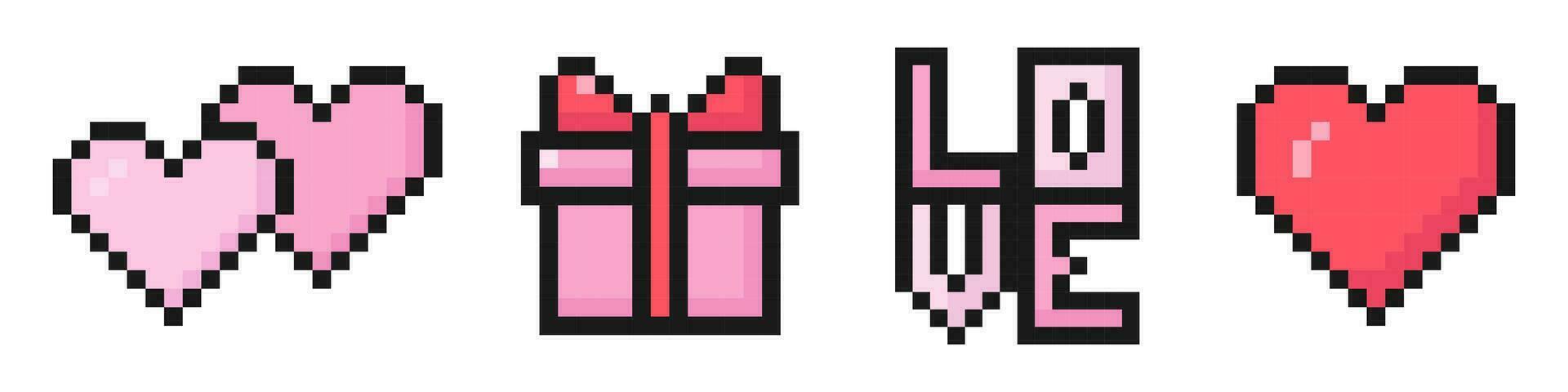 valentine's day pixel set of icons, vintage, 8 bit, 80s, 90s arcade game style, icons for game or mobile app, hearts, gift, love, vector illustration