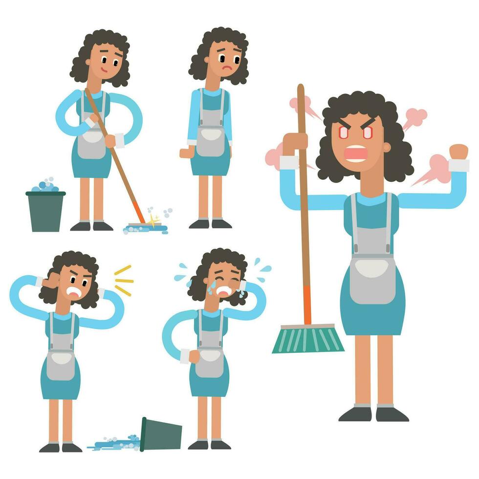 Cleaning lady character in different actions. Vector illustration in cartoon style.