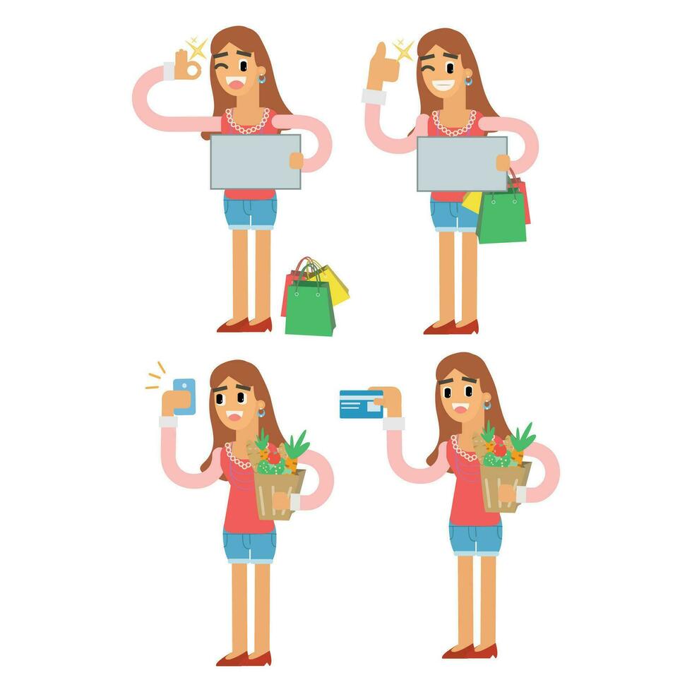 Vector illustration of a young woman with shopping bags and credit card.