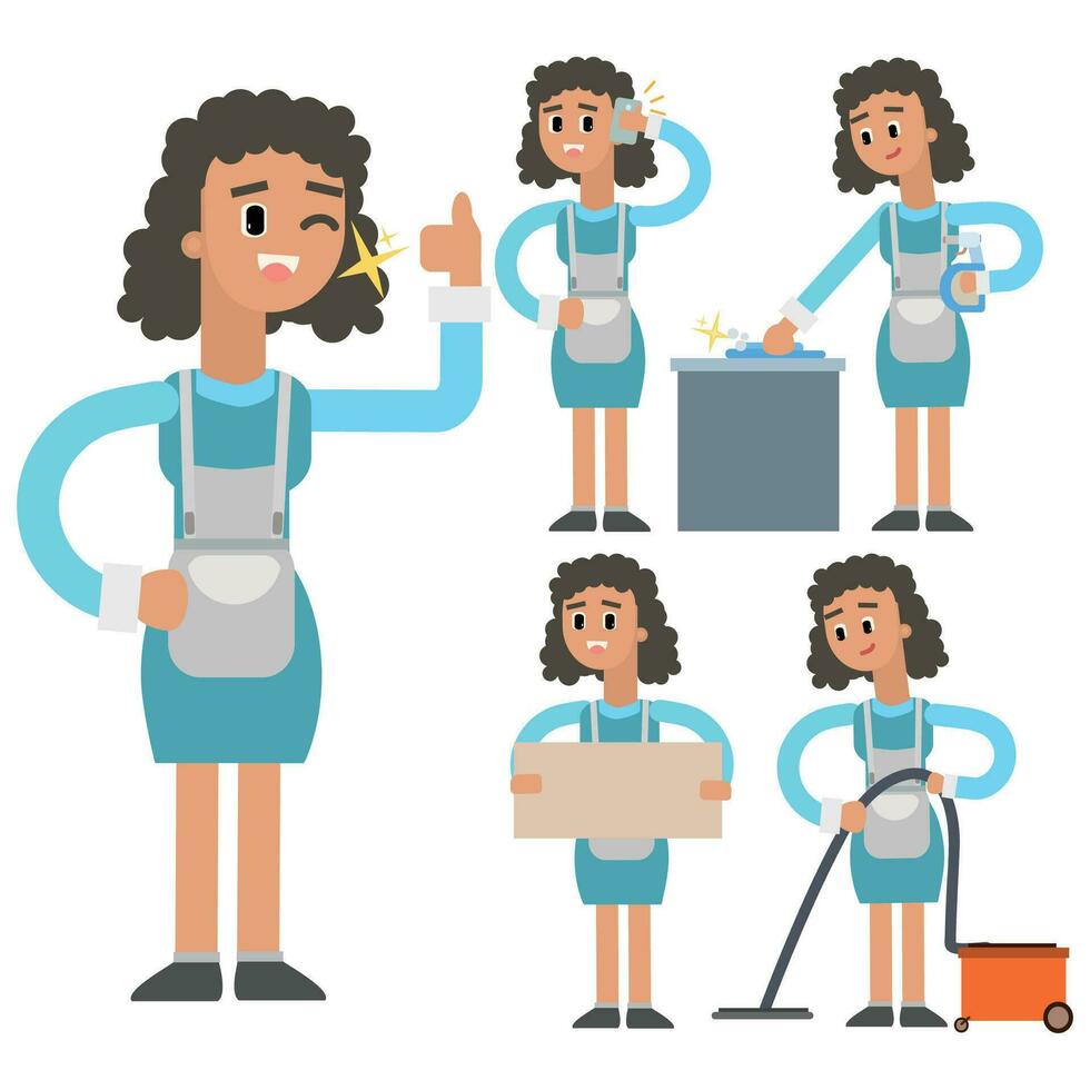Cleaner woman cartoon character set. Cleaning lady, housekeeper, cleaner. Vector illustration in flat style